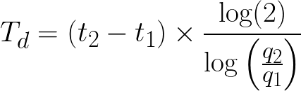 Doubling time in consumption of a resource (given two measurements of a growing quantity and times) formula